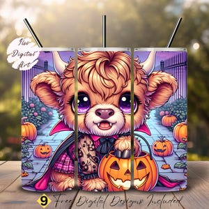Cute Halloween Highland Cow Tumbler Wrap 20oz Skinny Tumbler Sublimation Design Halloween Costume, Trick or Treat Tumbler Digital Download