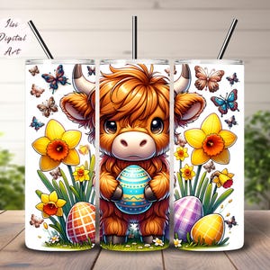 Easter Highland Cow Tumbler Wrap: Spring Butterflies (PNG Digital Download)