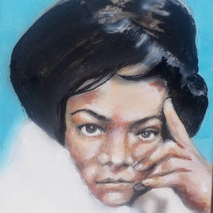 May include: An oil painting portrait of a person with dark hair and a white fur-like collar. The person is looking directly at the viewer with a thoughtful expression, their hand touching their forehead. The background is a light blue.