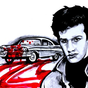 May include: A black and white illustration of a man with dark hair and a black turtleneck shirt. He is standing in front of a vintage car with blood splattered on it.