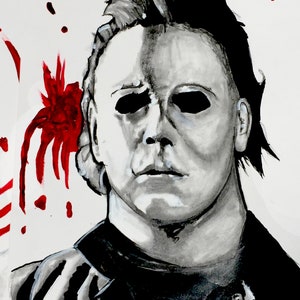 May include: A black and white illustration of a man with a mask, with red paint splatters in the background. The man has a serious expression and is looking directly at the viewer.