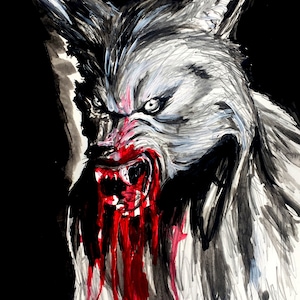 May include: A black and white drawing of a werewolf with a bloody mouth, snarling with sharp teeth. The werewolf is drawn in a realistic style with detailed fur and a menacing expression.
