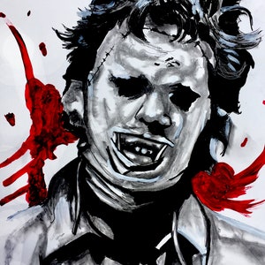May include: A black and white illustration of a man with a stitched-up face and wild hair. He is wearing a dark shirt and has blood splattered on his face and the background.
