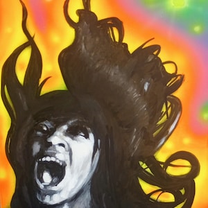 May include: An expressive painting of a person with dark hair and an open mouth, set against a vibrant background of orange, yellow, and green hues. The artwork captures a moment of intense emotion, with dynamic brushstrokes and bold colors.