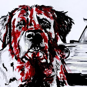 May include: A black and white illustration of a dog with red paint splattered on its face and fur. The dog is looking directly at the viewer with its mouth open. A black and white car is partially visible in the background.