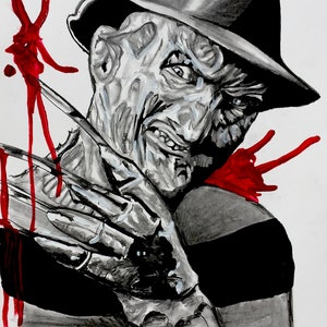 May include: A black and white drawing of a horror movie character with a black fedora hat and a menacing expression. The character is holding a sharp, bladed weapon and there are red blood splatters in the background.