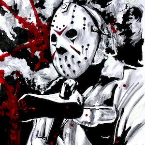 May include: An artistic illustration of a hockey mask with red accents and a splatter of red paint. The mask is white with black dots and red markings. The background is black and white.