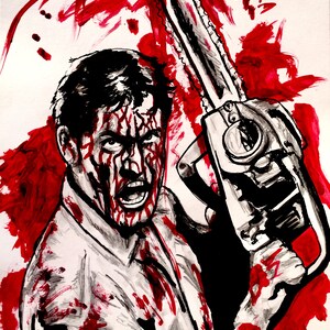 May include: A black and white illustration of a man with a bloody face holding a chainsaw. The background is a red splatter pattern.