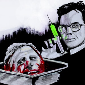 May include: A man in a black suit and glasses holds a syringe with green liquid, looking at the camera. A bloody head is in a metal tray in the foreground.