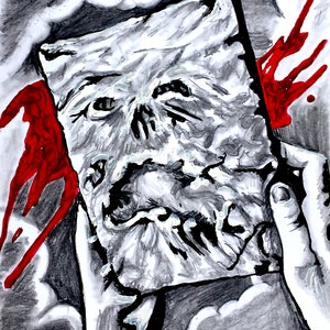 May include: A black and white drawing of a face with a bloody splatter on the side. The face is contorted in a grimace, with a large, open mouth and a furrowed brow. The drawing is done in a realistic style, with detailed shading and texture.