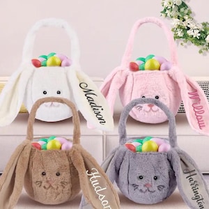 Personalisierter Osterkorb, Gestickter Hasenkorb, Benutzerdefinierter Name Kinder Ostereimer, Plüsch Eiersuche Tasche, Baby Erstes Ostergeschenk