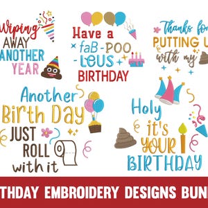 Pacchetto di disegni da ricamo per compleanno, modello di ricamo a macchina per carta igienica di buon compleanno, file di ricamo con citazioni divertenti, download immediato