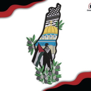 Design de bordado de mapa da Palestina, padrão de bordado de máquina de mesquita Al Aqsa, arquivo digital de homem com bandeira da Palestina, ato rápido: 70% de desconto! Compre agora