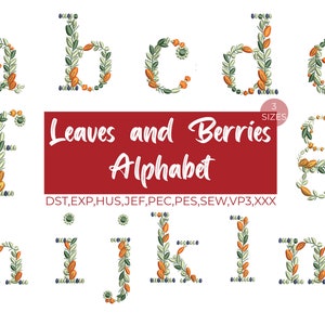 アルファベットの刺繍デザイン、葉とベリーの機械刺繍ファイル、小文字のアルファベットのデジタルデザイン、花柄フォント、今すぐダウンロード