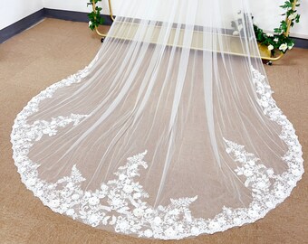 Voile de mariée dentelle, longs voiles cathédrale avec fleurs 3D, voile de mariée, voile fait main personnalisé dans toutes les tailles, champagne/blanc/ivoire/noir