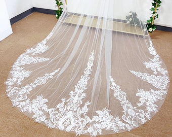 Voile de mariée long cathédrale ivoire, voiles de mariée de mariage dentelle fleurs brodées, taille personnalisée de voile avec peigne, voile de mariée coude/taille/chapelle