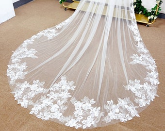 Long voile de mariée cathédrale, voiles de mariée de mariage dentelle fleurs brodées, longueur de voile personnalisée avec peigne, voile de mariée coude/taille/chapelle