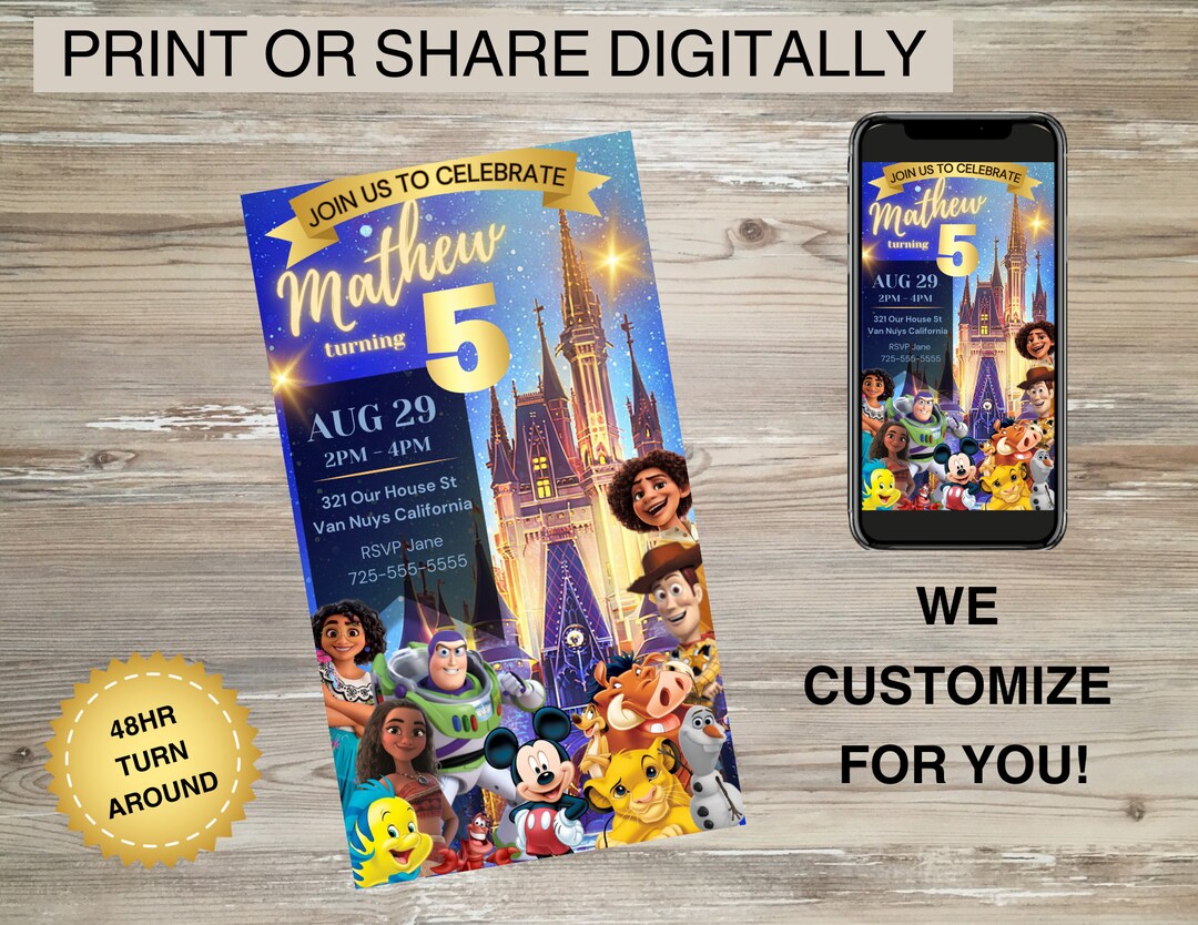Custom Disney Magical Kingdom Invitation Birthday Party Invite Disney ...