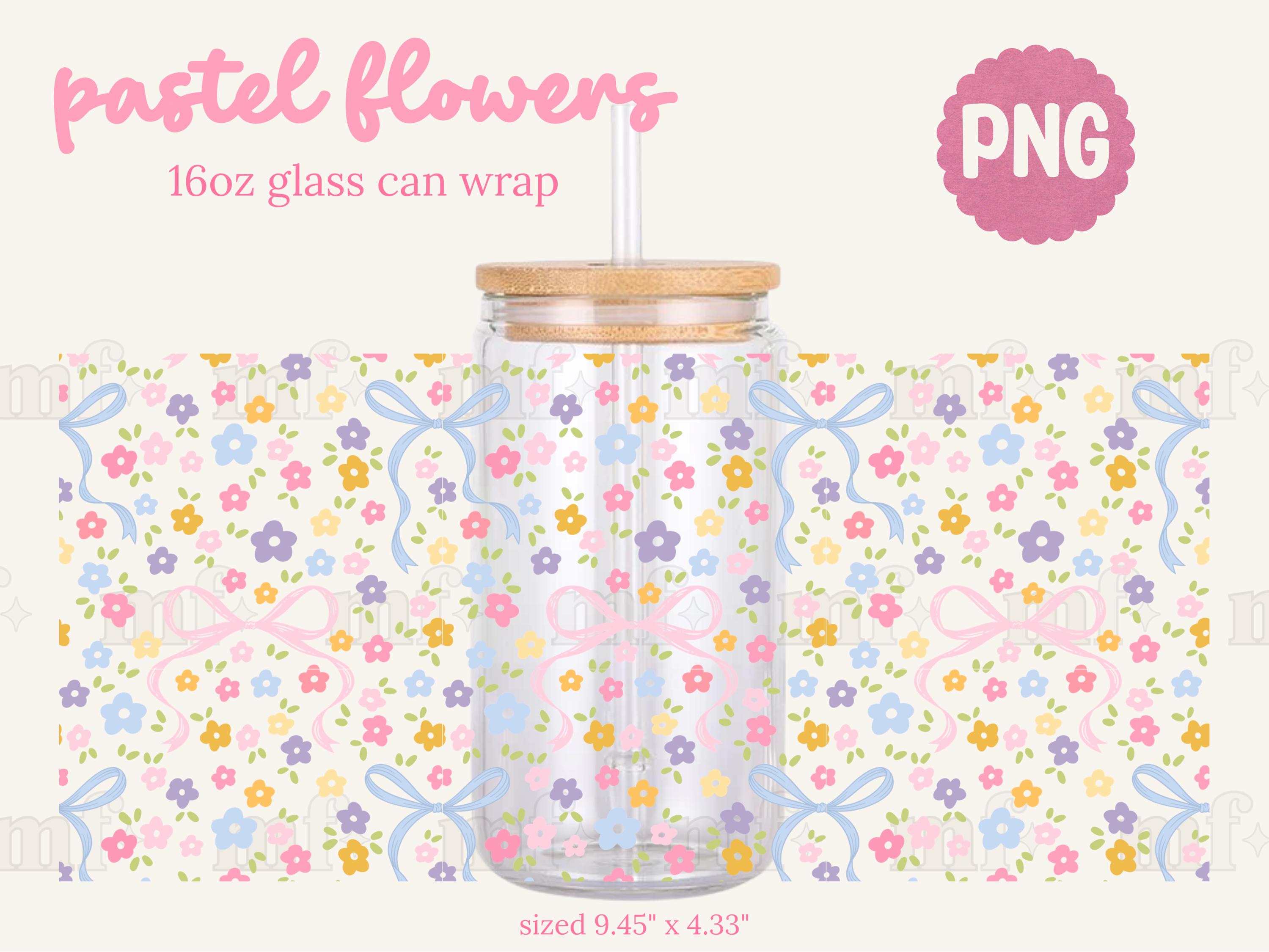 Pastel Floral Glass Can Wrap PNG | Seamless Wildflower Bow Design (16oz ...