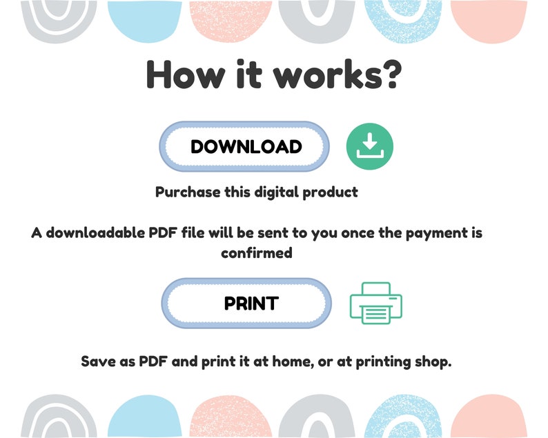 May include: How it works? Download and purchase this digital product. A downloadable PDF file will be sent to you once the payment is confirmed. Print the PDF at home or at a printing shop.