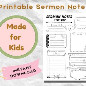 May include: Printable sermon notes for kids with sections for date, speaker, message title, bible verse, what you learned about God today, words you don't understand, and your favorite song today. There is also a space to draw something you heard today.