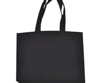 Può includere: Una borsa tote nera con due manici lunghi. La borsa è realizzata in tessuto resistente e ha una grande capacità.