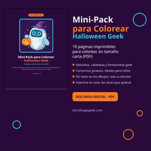 Może przedstawiać: Cyfrowa kolorowanka w formacie PDF zatytułowana Mini-Pack para Colorear Halloween Geek, przedstawiająca robota w kapeluszu czarownicy trzymającego dynię. Dokument zawiera 10 stron do druku w formacie letter z ilustracjami robotów i dyń.
