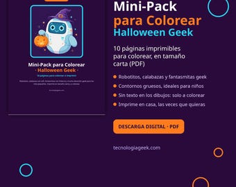 Mini pack para colorear de Halloween para niños | 10 páginas con robot y calabazas geek | Coloring pages PDF imprimible