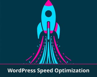 Puede incluir: Un gráfico cuadrado de color verde azulado oscuro con un cohete estilizado en cian y magenta brillantes. El cohete emite una estela de líneas de movimiento. Debajo, el texto blanco dice: WordPress Speed Optimization by Yasmin Multiservice • Bilingual EN / ES.