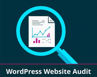 Puede incluir: Un gráfico azul verdoso oscuro con una lupa cian centrada sobre un documento blanco con un gráfico de líneas azul y barras magenta. Debajo, el texto blanco dice: WordPress Website Audit by Yasmin Multiservice • Bilingual EN / ES.