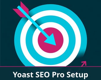 Puede incluir: Un gráfico cuadrado de color verde azulado oscuro con un objetivo central de anillos blancos y cian alternados y un centro magenta. Una flecha cian apunta hacia el centro. El texto dice: Yoast SEO Pro Setup by Yasmin Multiservice • Bilingual EN / ES.