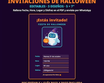 Invitaciones de Halloween editables en español | 3 diseños PDF con campos para fecha, hora y lugar | Editable invitation