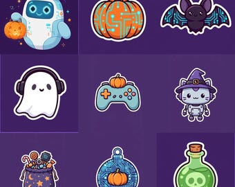 Paquete de gráficos de Halloween geek PNG | 15 elementos robot, calabazas y fantasmas + 2 fondos | Halloween clipart PNG