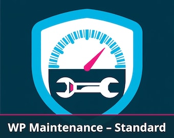 Puede incluir: Un gráfico cuadrado azul oscuro con un icono de escudo azul claro que contiene un velocímetro blanco con una aguja rosa y una llave inglesa blanca. El texto dice WP Maintenance - Standard by Yasmin Multiservice - Bilingual EN / ES.