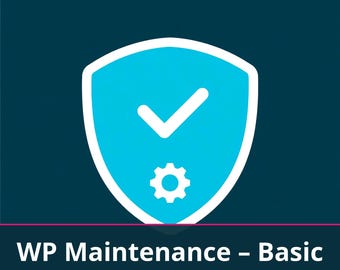 May include: A dark teal square graphic featuring a light blue shield icon with a white checkmark and gear symbol. Below the icon, white text reads: WP Maintenance – Basic by Yasmin Multiservice • Bilingual EN / ES.
