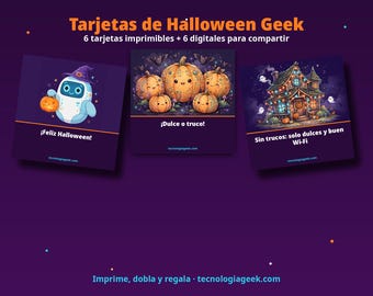Tarjetas de Halloween imprimibles en español | 6 diseños geek con robot y calabazas | Printable Halloween cards PDF + PNG