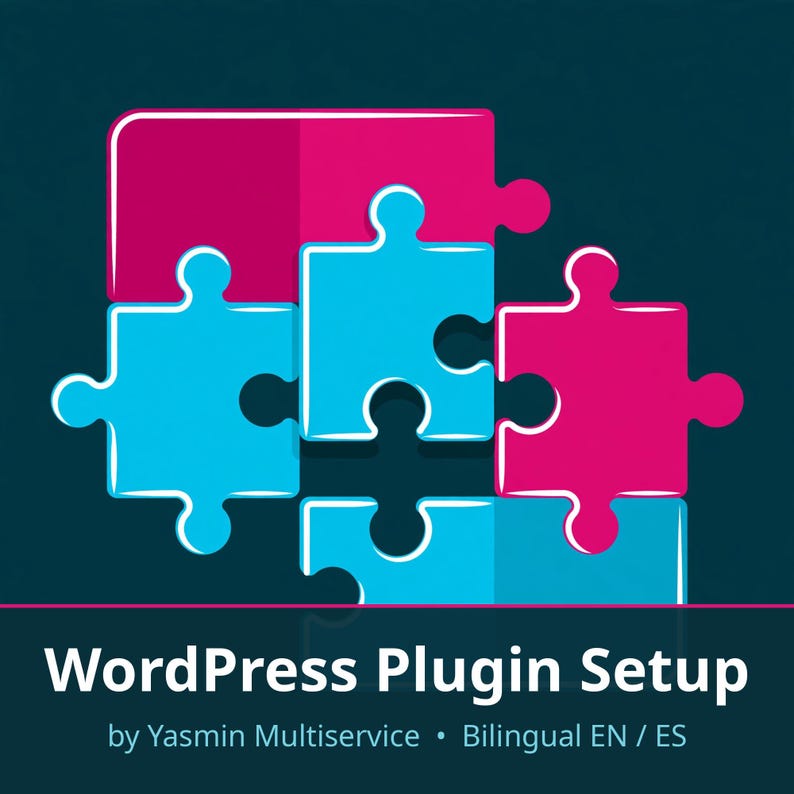 Peut inclure: Un graphique pr&eacute;sentant des pi&egrave;ces de puzzle imbriqu&eacute;es magenta et cyan sur un fond bleu sarcelle fonc&eacute;. Sous le puzzle, le texte blanc indique : WordPress Plugin Setup by Yasmin Multiservice &bull; Bilingual EN / ES.