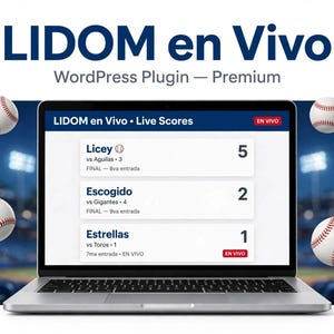 May include: A laptop screen displays the LIDOM en Vivo WordPress Plugin interface showing live baseball scores for teams including Licey, Aguilas, Escogido, Gigantes, Estrellas, and Toros, surrounded by four white baseballs with red stitching.