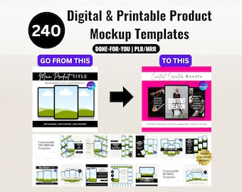 May include: A digital product mockup template bundle with 240 customizable templates. The image shows a before and after example of a product mockup, with the before image showing a simple design and the after image showing a more professional and eye-catching design. The bundle includes customizable thumbnail templates and 5 social media profile mockups.