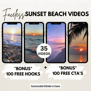 May include: A digital product listing for 35 sunset beach videos, customisable in Canva. The listing includes a bonus of 100 free hooks and 100 free CTAs.