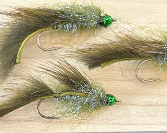 Size #10 Green Goblin Leech with Olive Squirrel Strip, Olive Ice dub veil, and 3.2mm Tungsten green bead. (3 pk) Great for Stillwater/rivers