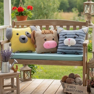3in1 Bauernhof Tiere Kissen: Stier, Hund, Katze häkeln, Sofakissen, Kuschelkissen für Kinder, Wohndeko, Geburtstagsgeschenk