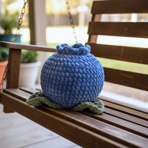 May include: A round, plush, blue crocheted blueberry-shaped object with a ruffled top and two textured green crocheted leaves at the base. The item features a soft, yarn-based construction with a visible stitch pattern throughout the surface.