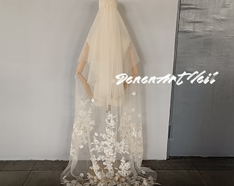 Boho Champagne flower lace veil, two layers veil, chapel bridal veil, tulle veil with comb, wedding veil, wedding separates, custom length.
