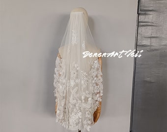 Elaborado velo de tul con apliques de flores en 3D, velo de novia corto vintage con peine, velo de novia, boda separada, longitud personalizada.