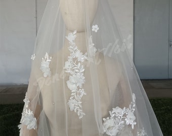 Two-layer flower appliques veil, blusher veil,tulle veil with comb, bridal tulle veil, wedding veil, wedding separates,  custom length.