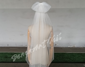 Bridal sweet bow beaded veil, veil finger tip length, ivory tulle veil, wedding veil, photo shooting, wedding separates, bridal headdress