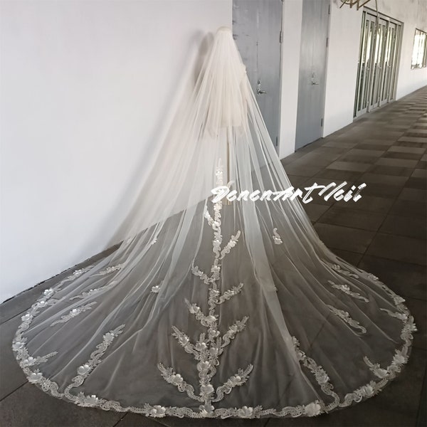 Romantic flower vines lace veil, long veil, cathedral bridal veil, tulle veil with comb, wedding veil, wedding separates, custom length.