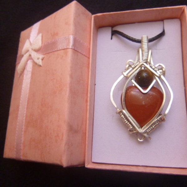 Handmade, Red Jasper Heart Crystal w Tiger’s Eye Bead Silver Plated Wire wrapped Artisan Jewelry, Unique Gift, Free Gift Box - Free Shipping