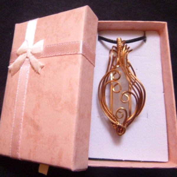 Handmade, Rose Quartz Crystal Point Pendant Necklace Copper Wire Wrapped Artisan Jewelry, Unique Gift, Free Gift Box - Free Shipping